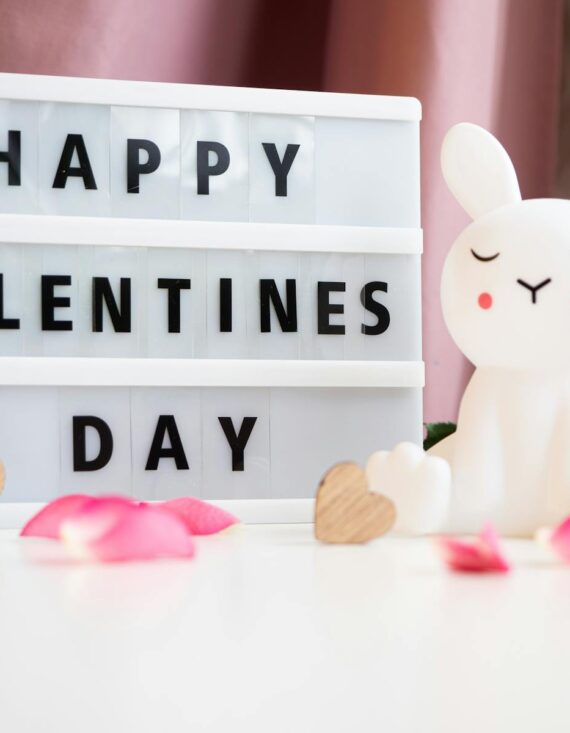 Cute bunny figurine with Happy Galentine's Day sign and pink accents.